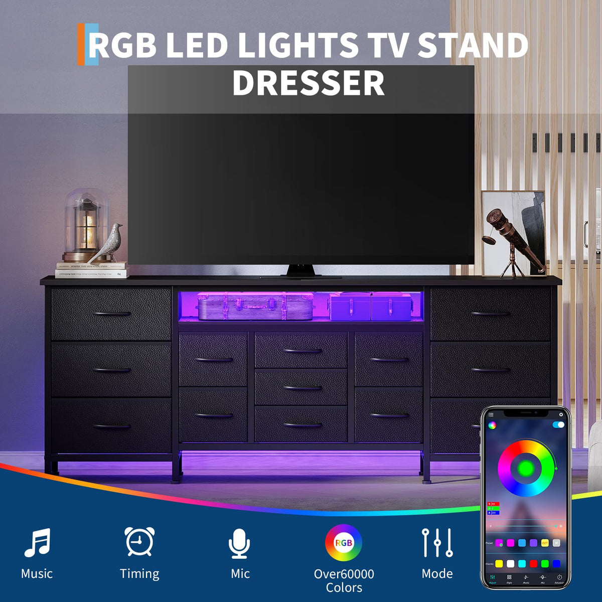 Black 13 Drawer Dresser TV Stand with LED Lights & Charging Station I5088
