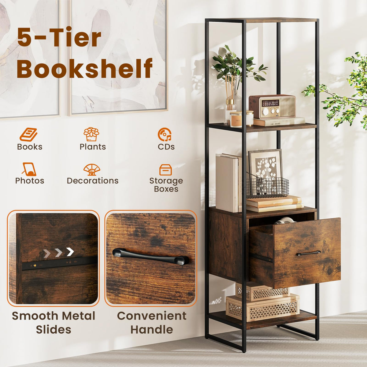 5-Tier Bookshelf with Drawer Narrow Bookcase W6338