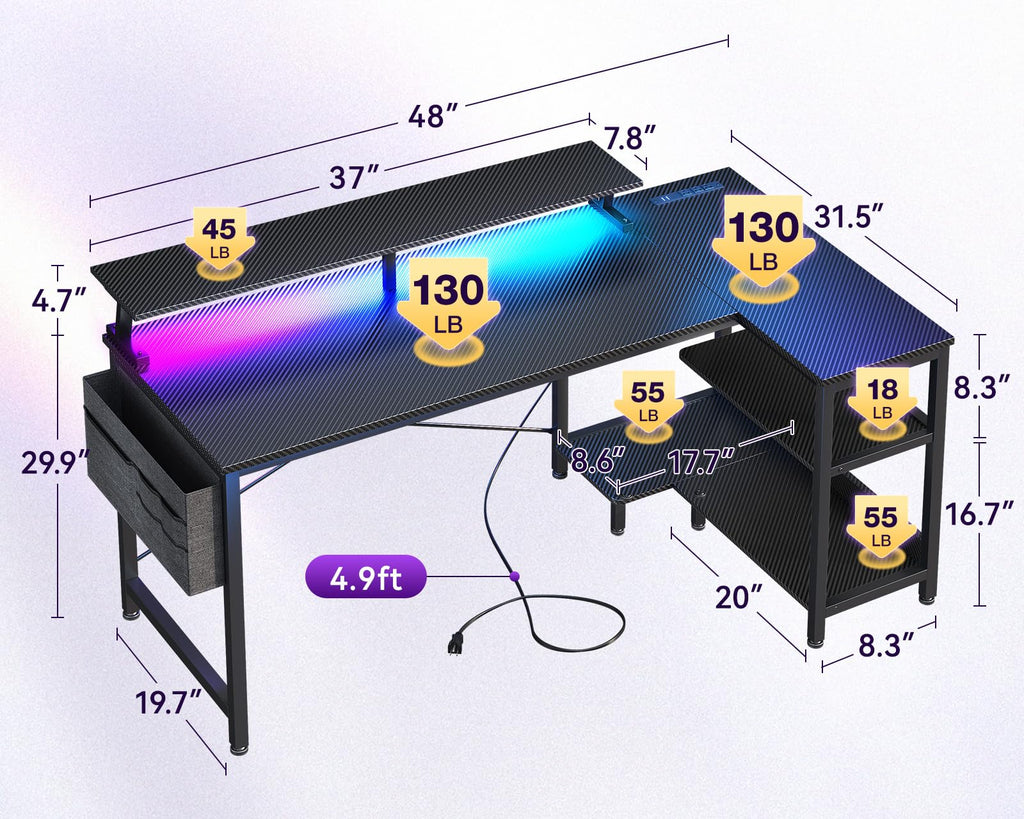 48 Inch L Shaped Gaming Desk with LED Lights and Power Outlets D25312