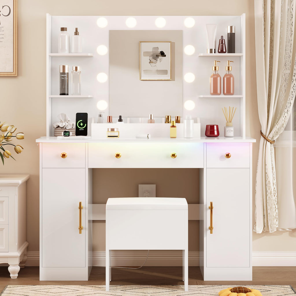 White Vanity Desk with Mirror and Lights, Charging Station, Stool, 3 Drawers and Cabinets X3169