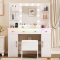 White Vanity Desk with Mirror and Lights, Charging Station, Stool, 3 Drawers and Cabinets X3169