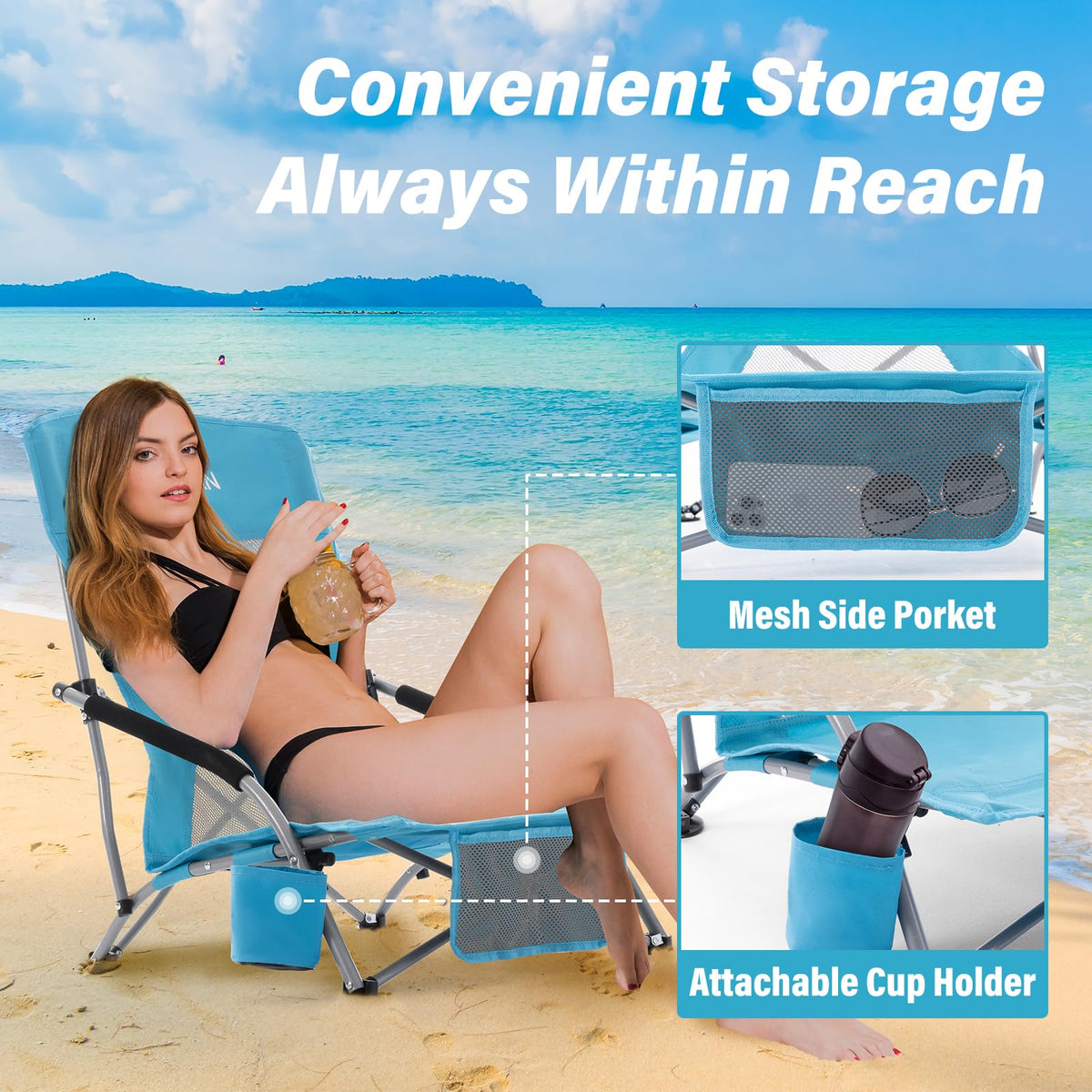 Portable Low Folding Beach Chairs Set of 2 Lightweight with Cup Holder Storage Pockets Carry Bag Blue N240