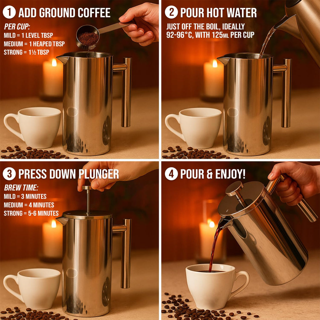 Stainless Steel French Press 1L Double Wall Insulated Coffee Maker O828