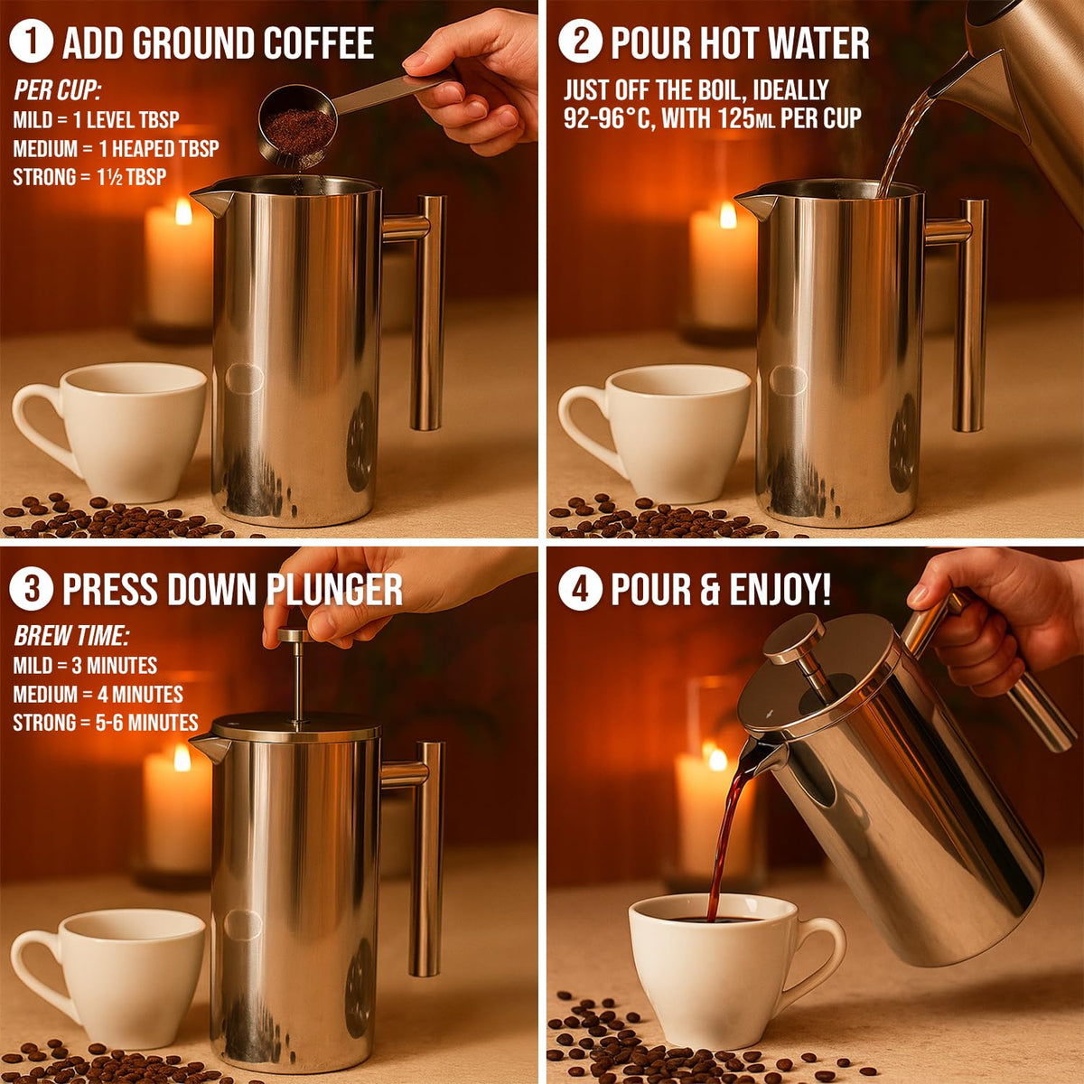 Stainless Steel French Press 1L Double Wall Insulated Coffee Maker O828
