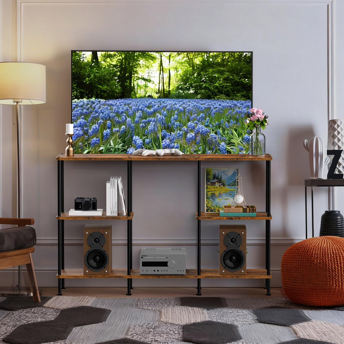 Brown 3 Tier Wood TV Stand with Storage Shelf X2481
