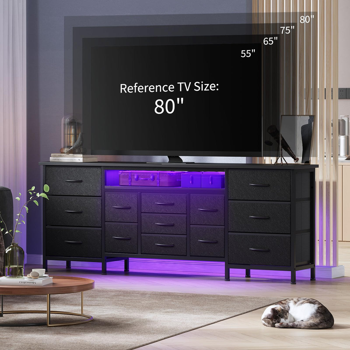 Black 13 Drawer Dresser TV Stand with LED Lights & Charging Station I5088
