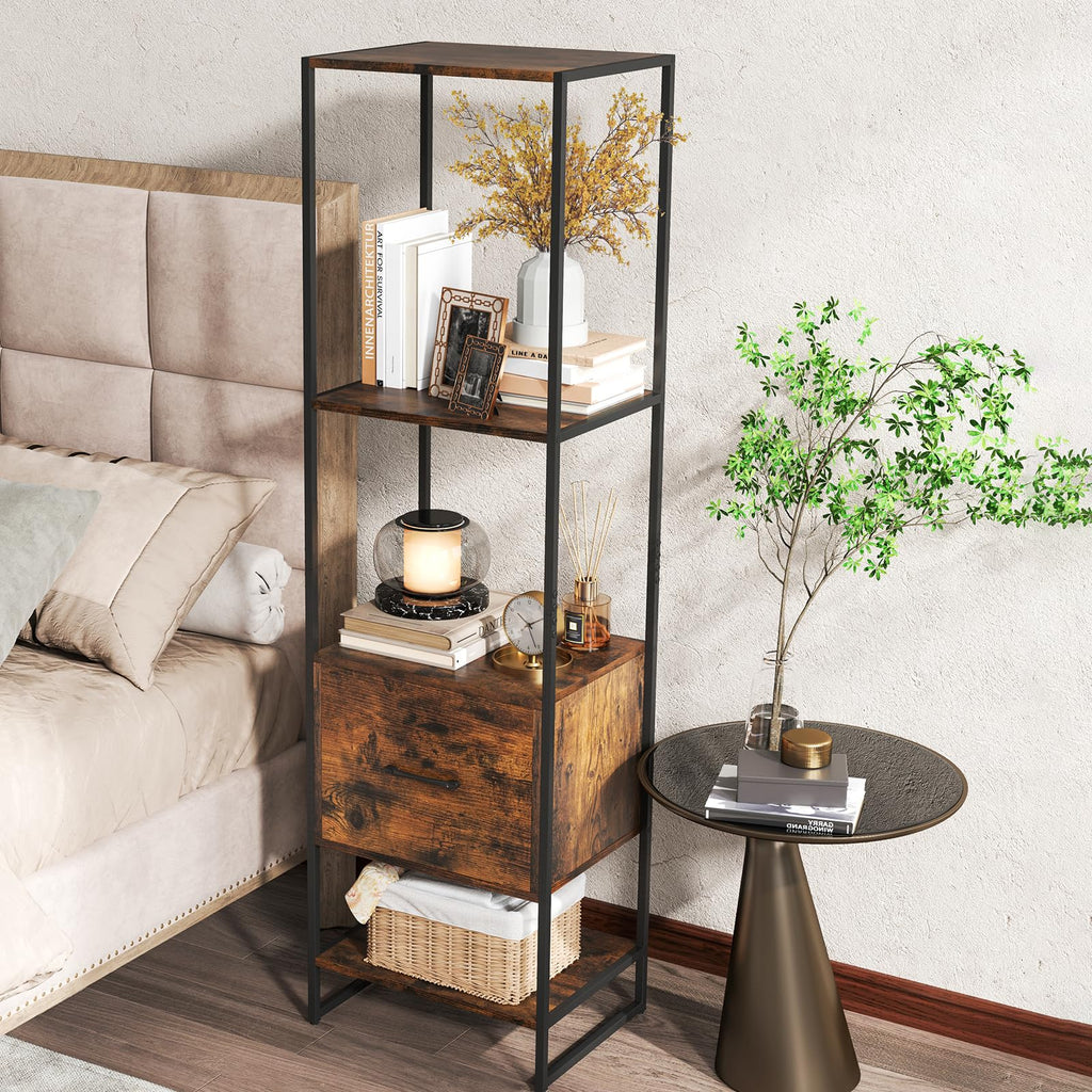 5-Tier Bookshelf with Drawer Narrow Bookcase W6338