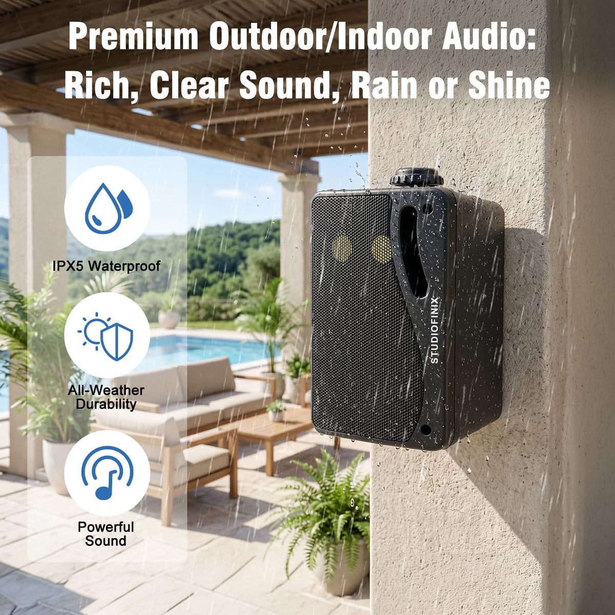 3.5 Inch Indoor Outdoor Wall Mounted Bluetooth Speakers, 200W 3-Way Waterproof, Black, 2 Pack W524