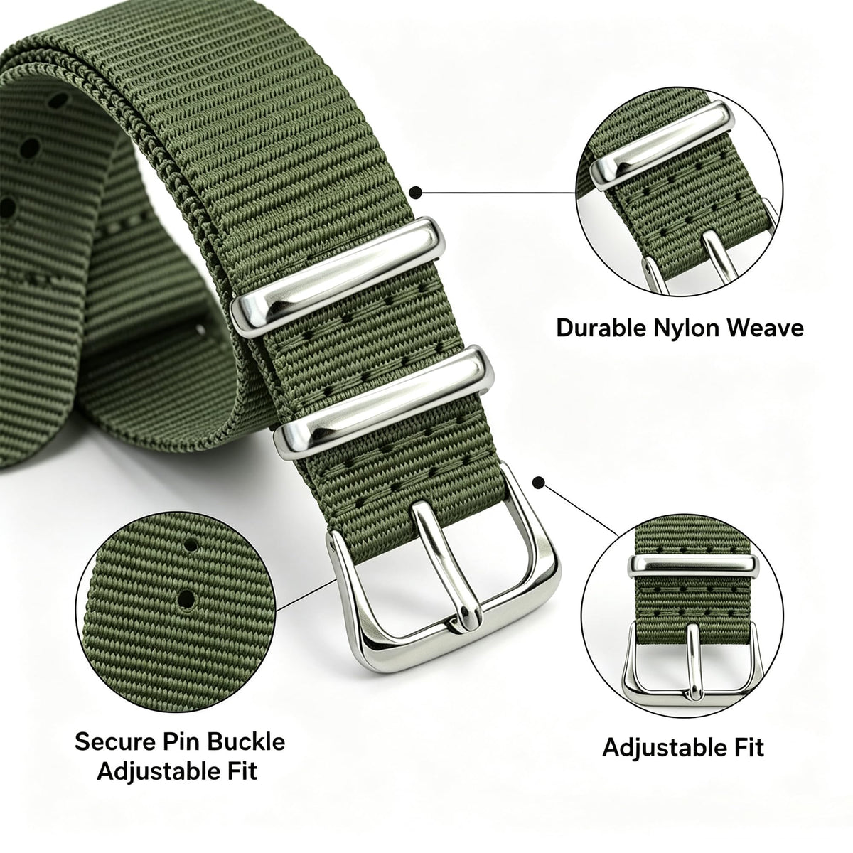 Nylon Watch Band with Stainless Steel Silver Buckle V656
