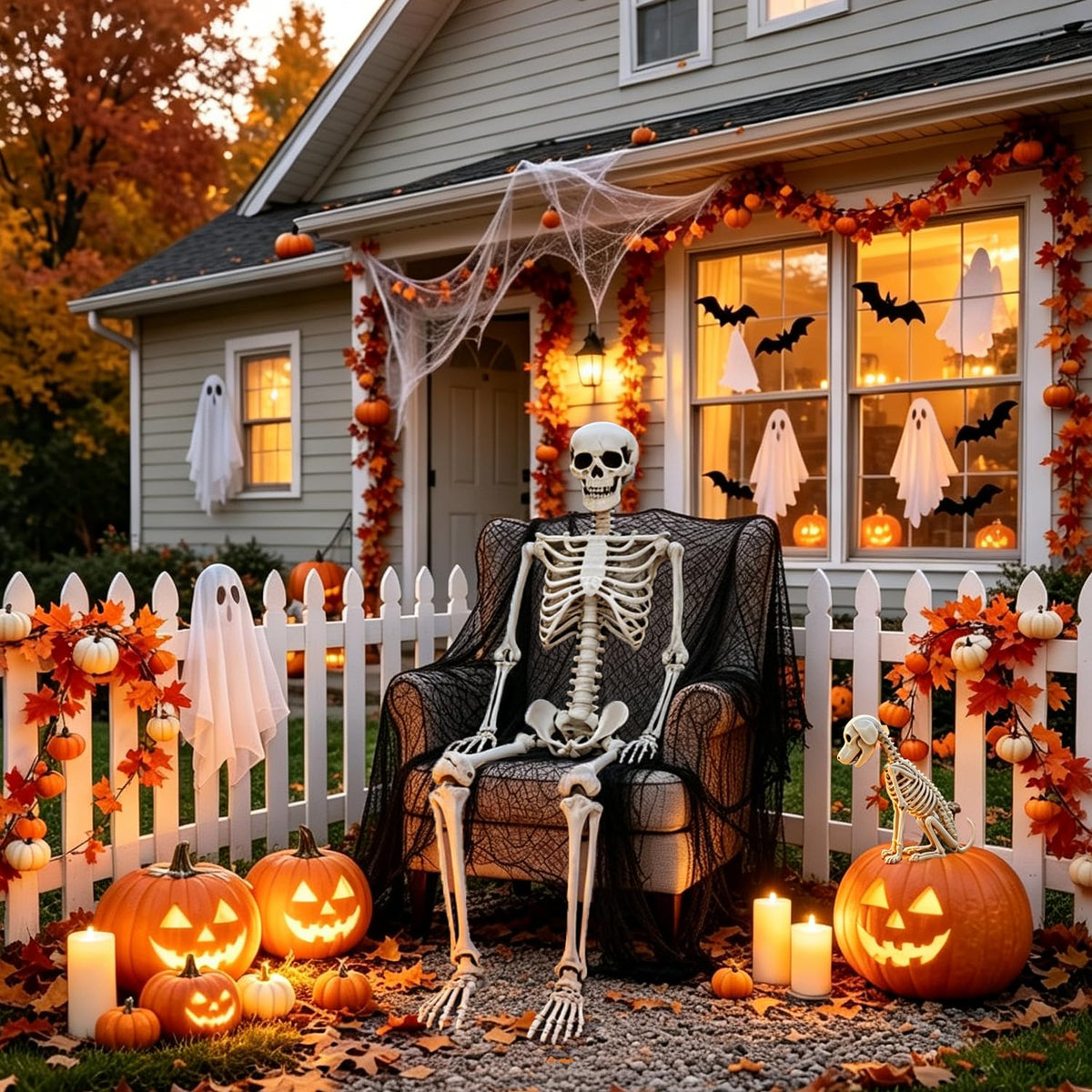 Life Size Posable Skeleton with Dog & Creepy Cloth M68048