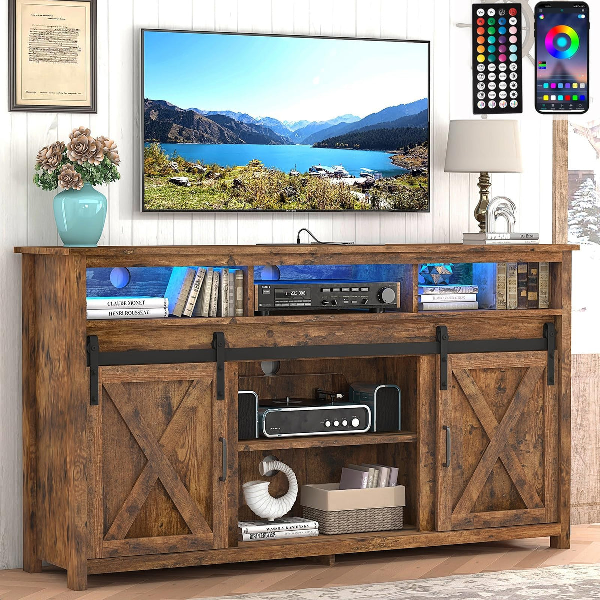 57In Wooden Farmhouse TV Stand with Sliding Barn Door W5147