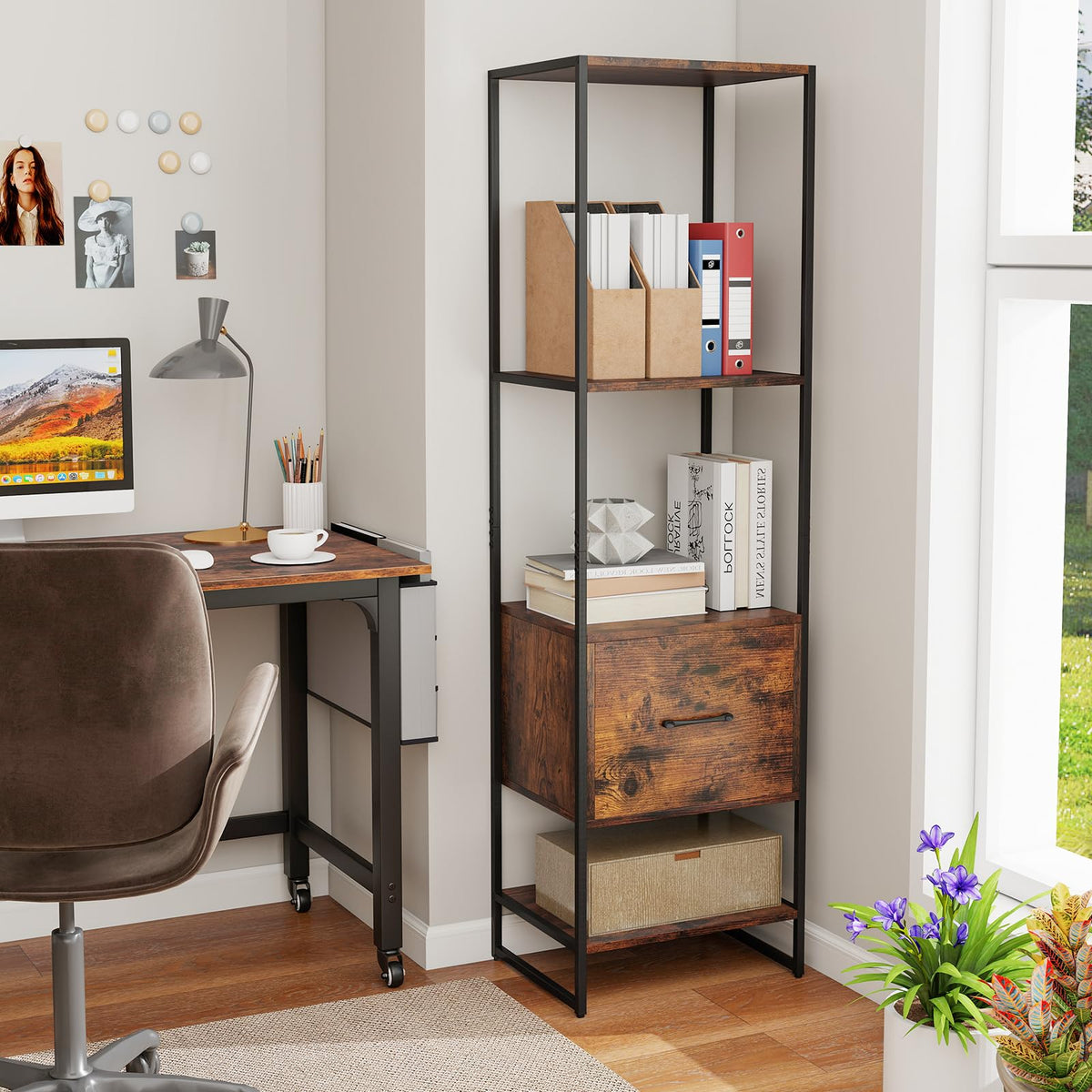 5-Tier Bookshelf with Drawer Narrow Bookcase W6338