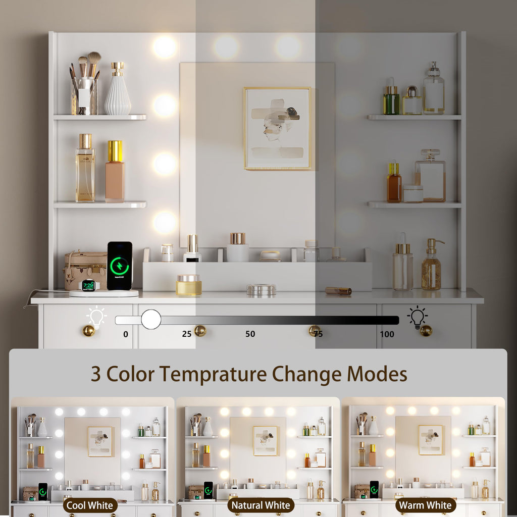 White Vanity Desk with Mirror and Lights, Charging Station, Stool, 3 Drawers and Cabinets X3169