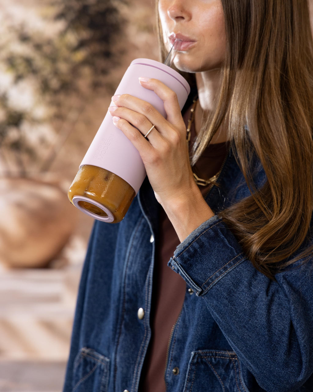Glass Iced Coffee Cup with Straw Lid 20oz Beige B695