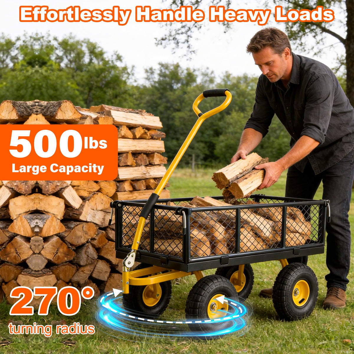 Heavy Duty Steel Garden Cart with Handle & 10" All Terrain Tires Z2366