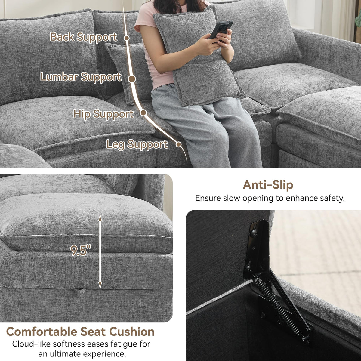 Light Grey Chenille 2 Seater Loveseat Sofa with Storage J442862