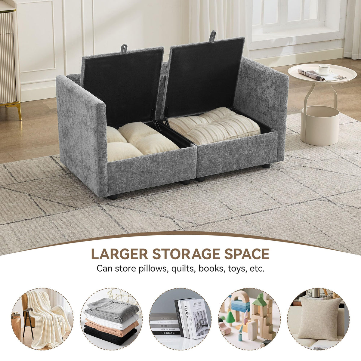 Light Grey Chenille 2 Seater Loveseat Sofa with Storage J442862