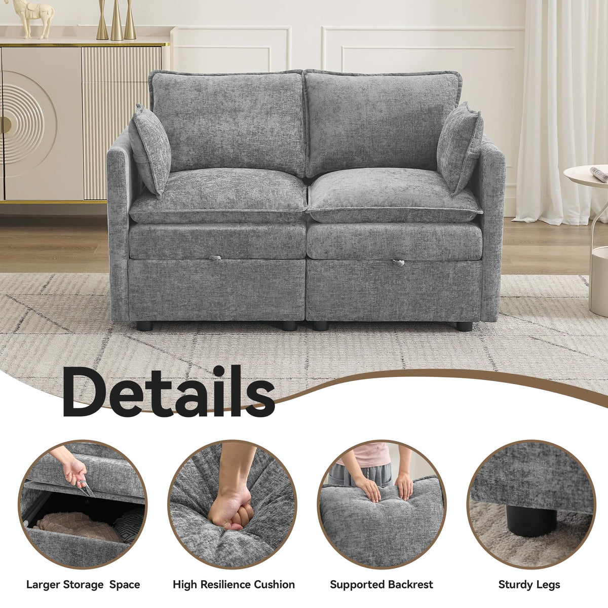 Light Grey Chenille 2 Seater Loveseat Sofa with Storage J442862