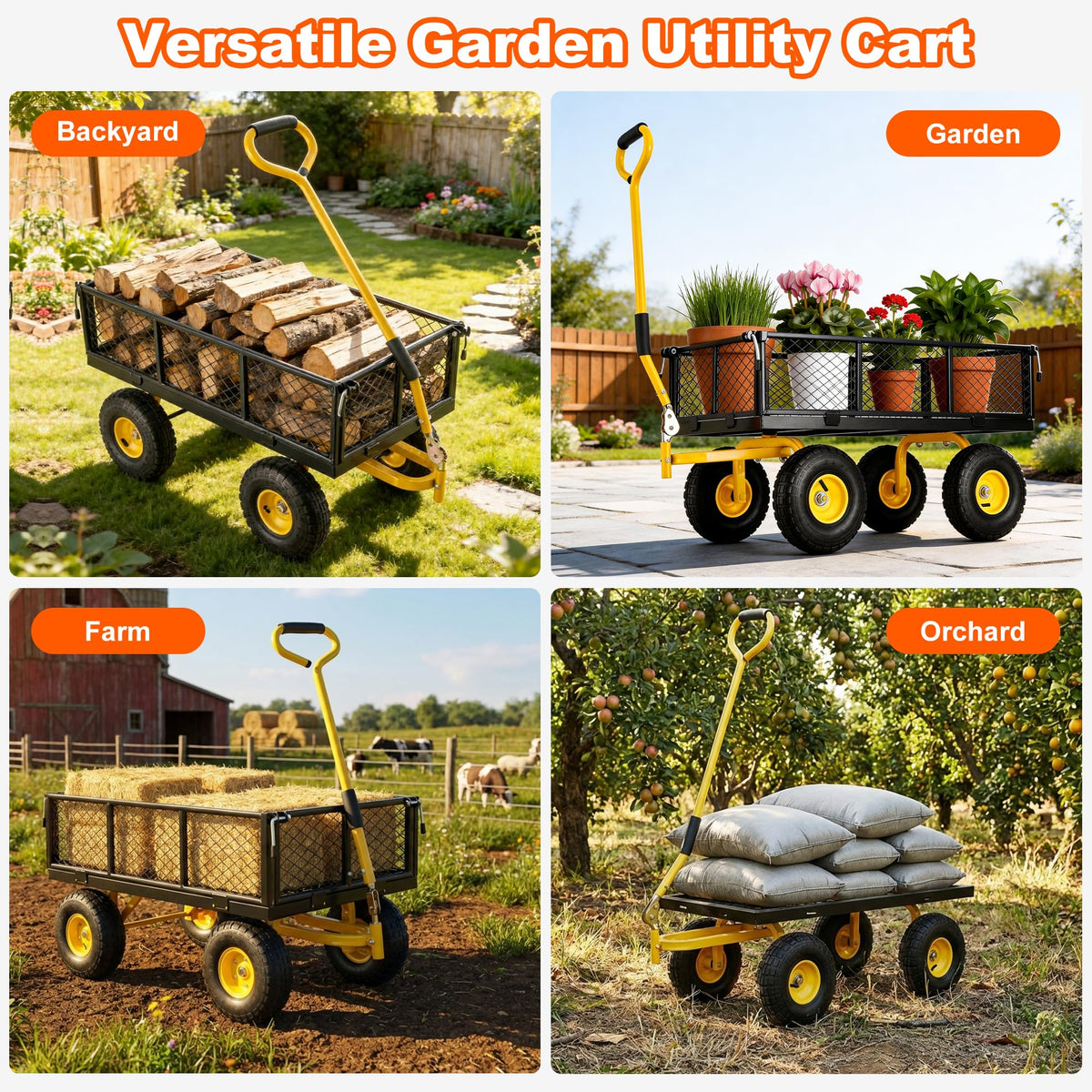 Heavy Duty Steel Garden Cart with Handle & 10" All Terrain Tires Z2366